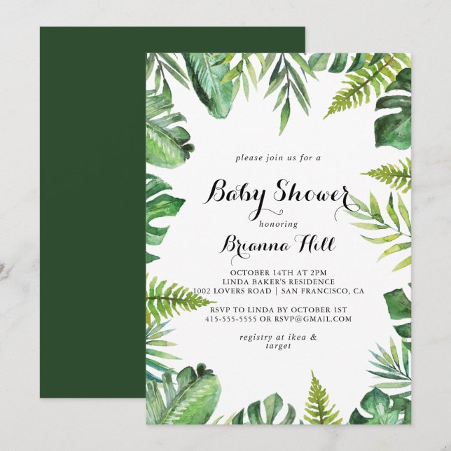 Destination Tropical Greenery Baby Shower Einladung (Vorne/Hinten)