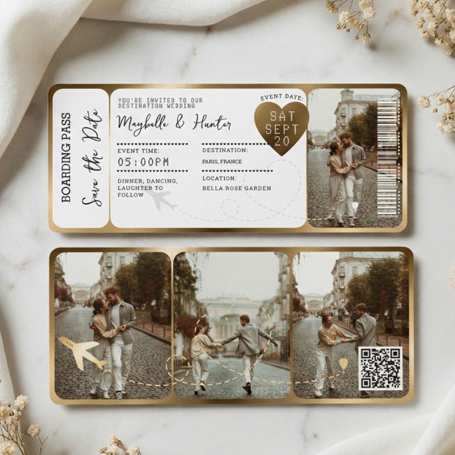 Destination Wedding Boarding Pass Gold Ticket QR Einladung (Destination Wedding Boarding Pass Gold Ticket QR Invitation)