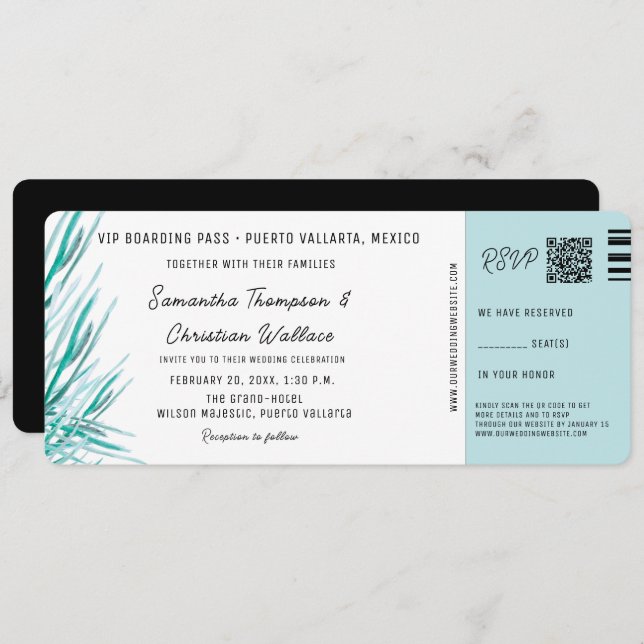 Destination Wedding Boarding Pass Tropical palm Einladung (Vorne/Hinten)