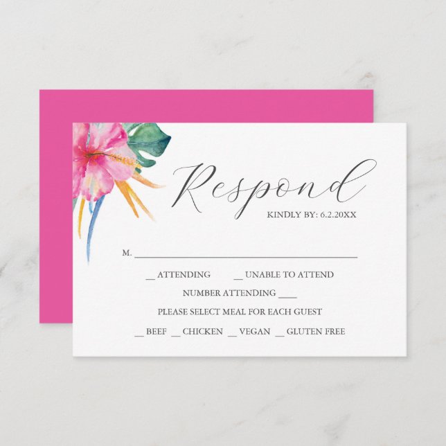 Destination Wedding RSVP Cards Vibrant Pink (Vorne/Hinten)