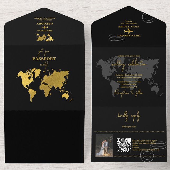 Destination Wedding World Passport Black Gold All In One Einladung (Destination Wedding World Passport Black Gold All In One Invitation)