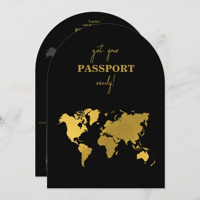 Destination Wedding World Passport Black Gold Einladung (Vorne/Hinten)