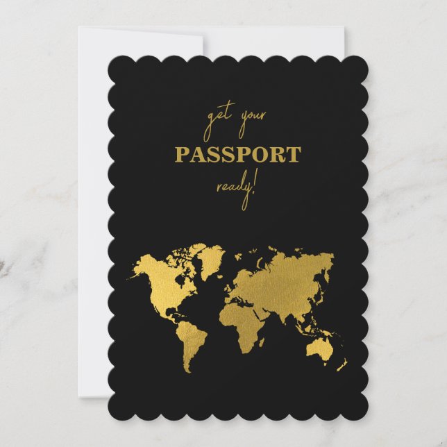 Destination Wedding World Passport Black Gold Einladung (Vorderseite)