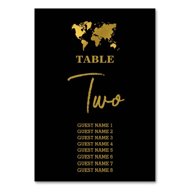 Destination Wedding World Passport Black Gold Tischnummer (Vorderseite)