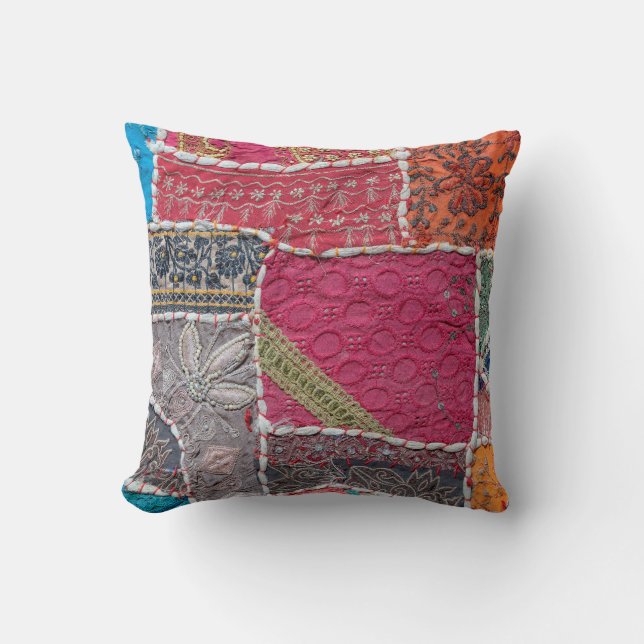 Detail alte bunte Patchwork-Teppich, Indien. Nah Kissen (Vorderseite)