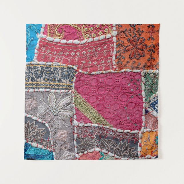 Detail alte bunte Patchwork-Teppich, Indien. Nah Wandteppich (Vorderseite)