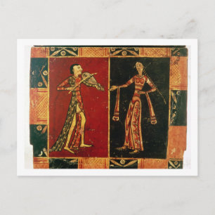 Detail from a wedding chest depicting a musician a postkarte