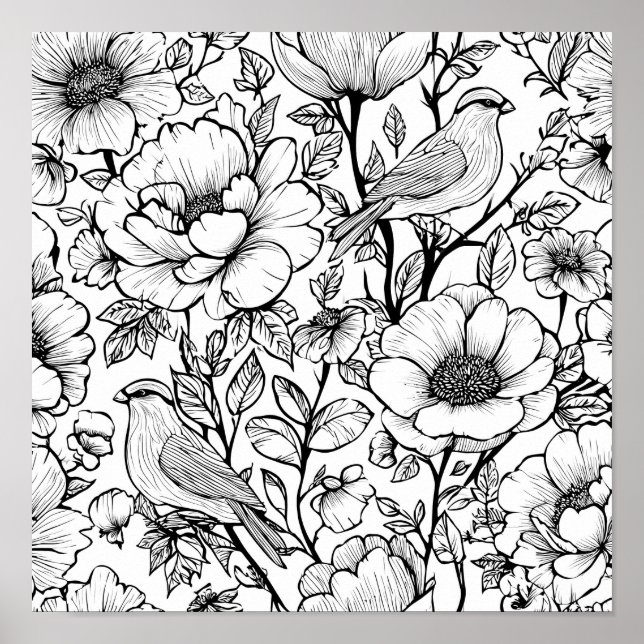 Detailed Folk Flora Scroll Decoupage Template Line Poster (Vorne)