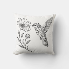 Detailed Hummingbird Line Art with Wildflower Kissen
