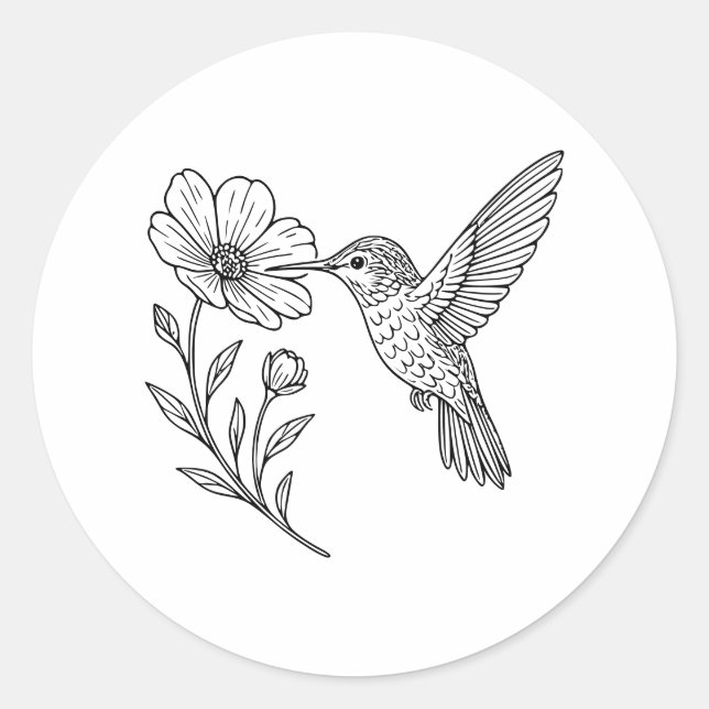 Detailed Hummingbird Line Art with Wildflower Runder Aufkleber (Vorderseite)