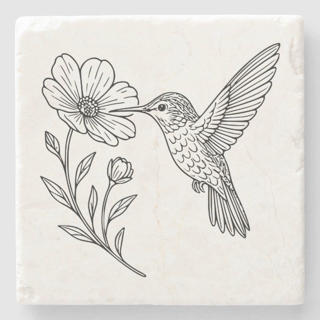 Detailed Hummingbird Line Art with Wildflower Steinuntersetzer (Vorderseite)