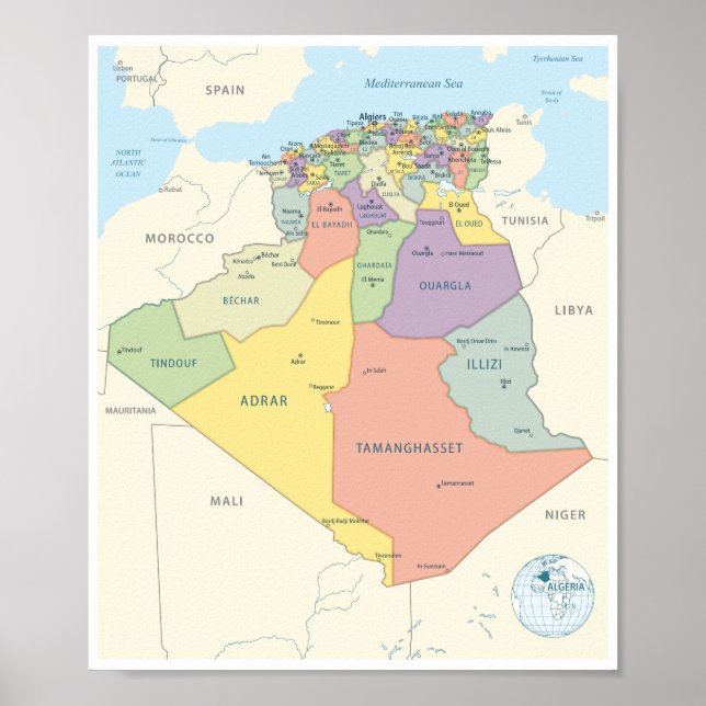 Detailed Map of Algeria Regions Poster (Vorne)