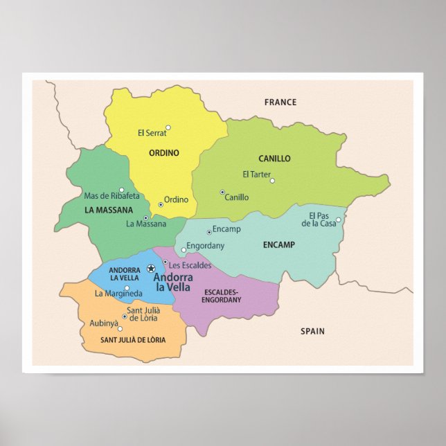 Detailed Map of Andorra Regions Poster (Vorne)