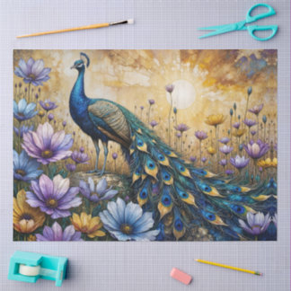 Detailed Peacock in Floral Landscape Seidenpapier