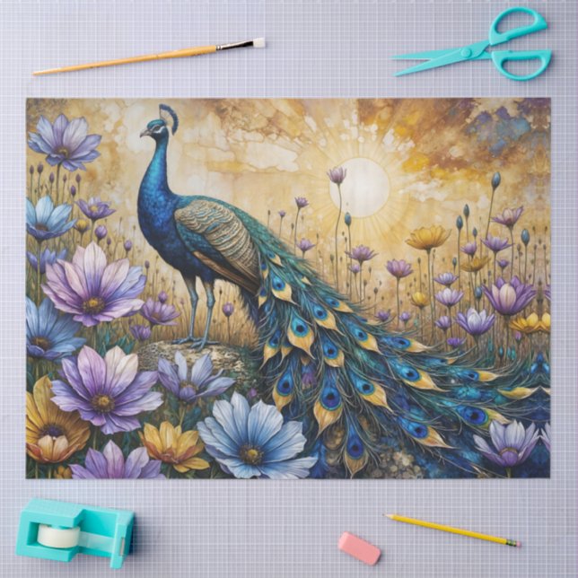 Detailed Peacock in Floral Landscape Seidenpapier (Basteln)