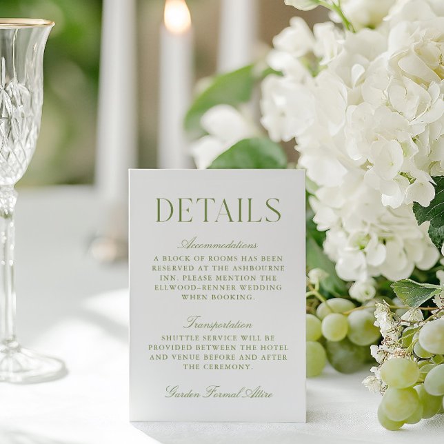 Detailkarte für das Hochzeitssehen auf der Seite G Begleitkarte (Sage Green & White Wedding Wedding Details Card)