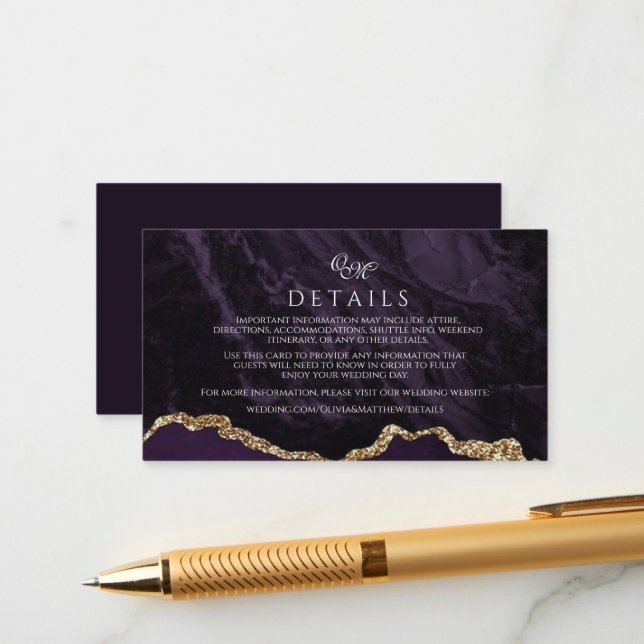 Detailkarten für lila Agate & Gold-Hochzeitsskript Begleitkarte (Vorderseite/Rückseite Beispiel)