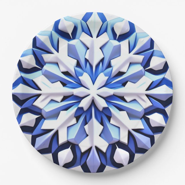 Detaillierte Blaue Schneeflocke Pappteller (Vorderseite)
