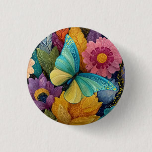 Detaillierte Blumen- und Schmetterlingsillustratio Button