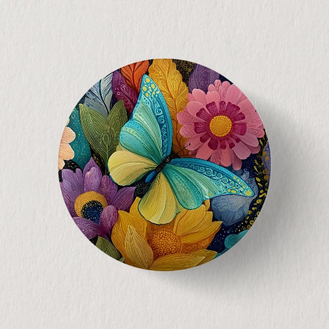 Detaillierte Blumen- und Schmetterlingsillustratio Button (Vorderseite)