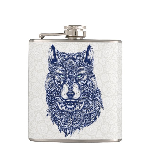 Detaillierte Dark Blue Wolf Head Illustration Flachmann (Vorderseite)