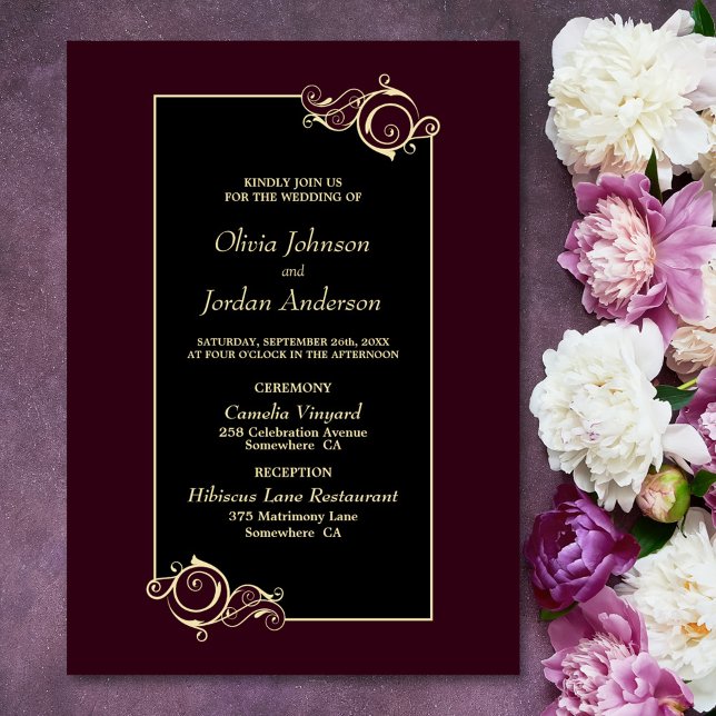 Detaillierte, elegante Black Burgundy Gold Wedding Einladung (Von Creator hochgeladen)