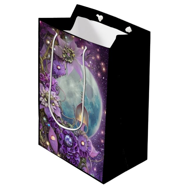 Detaillierte Fantasy Lila Moon Blume Mittlere Geschenktüte (Vorderseite Schrägansicht)