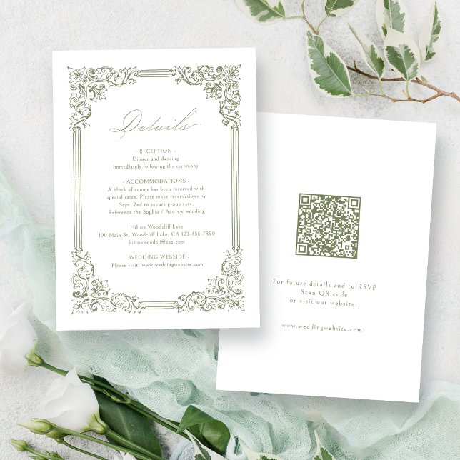 Detaillierte Hochzeitsszenarien mit Vintagem Rahme Begleitkarte (Sage Green Vintage Frame Elegant Wedding Details Enclosure Card)