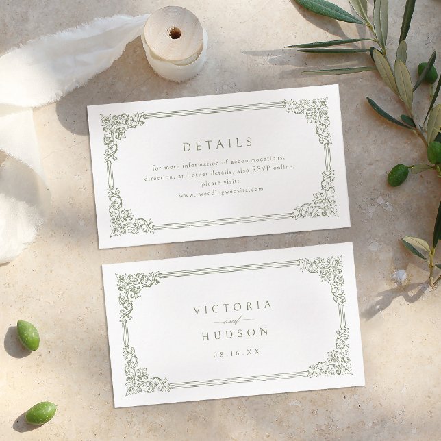 Detaillierte Hochzeitsszenarien mit Vintagem Rahme Platzkarte (Sage Green Vintage Frame Elegant Wedding Details Place Card)