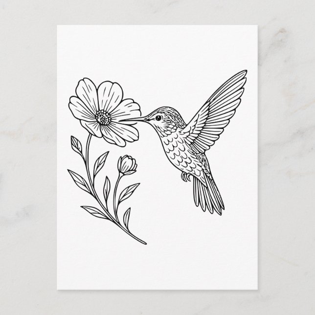 Detaillierte Hummingbird Line Art mit Wildblume Postkarte (Vorderseite)