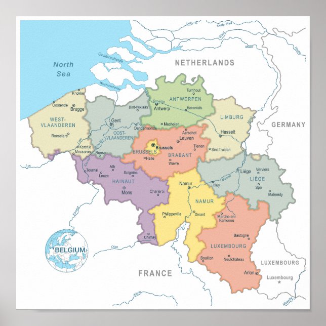Detaillierte Karte Belgiens Poster (Vorne)