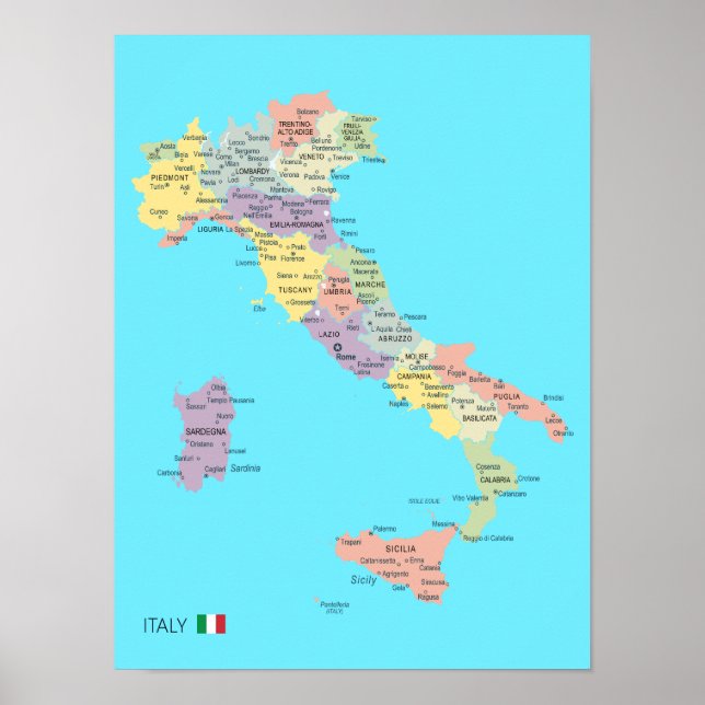 Detaillierte Karte der italienischen Regionen Poster (Vorne)