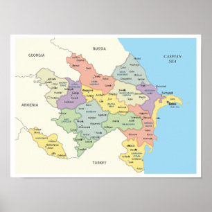 Detaillierte Karte der Regionen Aserbaidschans Poster