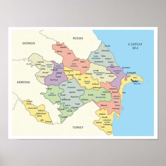 Detaillierte Karte der Regionen Aserbaidschans Poster (Vorne)