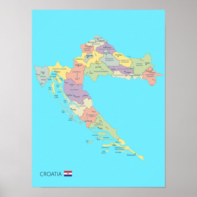 Detaillierte Karte der Regionen Kroatiens Poster (Vorne)
