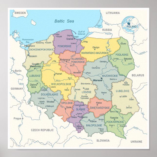 Detaillierte Karte Polens Poster (Vorne)