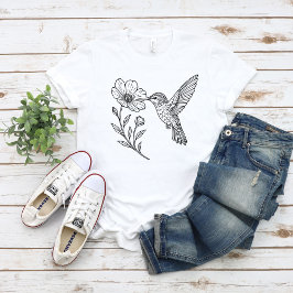 Detaillierte Kolibrilinienkunst mit Wildblume T-Shirt