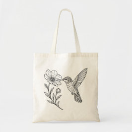Detaillierte Kolibrilinienkunst mit Wildblume Tragetasche