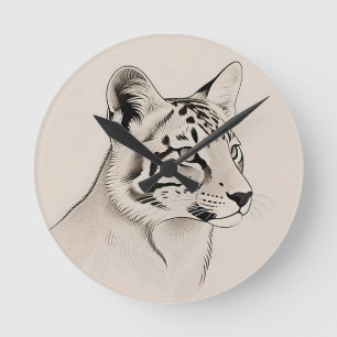 Detaillierte Luchs-Porträt-Linienkunst Runde Wanduhr