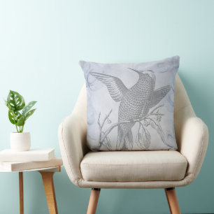 Detaillierte Vogel-Linienzeichnung in Pastellblau Kissen