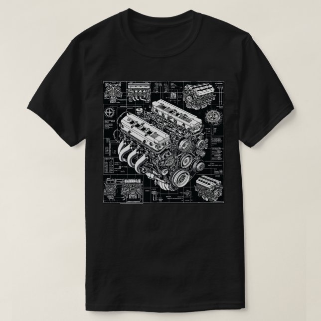 Detaillierter Motor Blueprint T-Shirt (Design vorne)