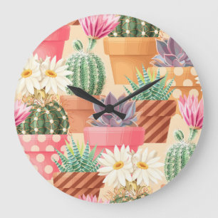 Detailliertes sukkulentes, Kaktus nahtloses Muster Große Wanduhr