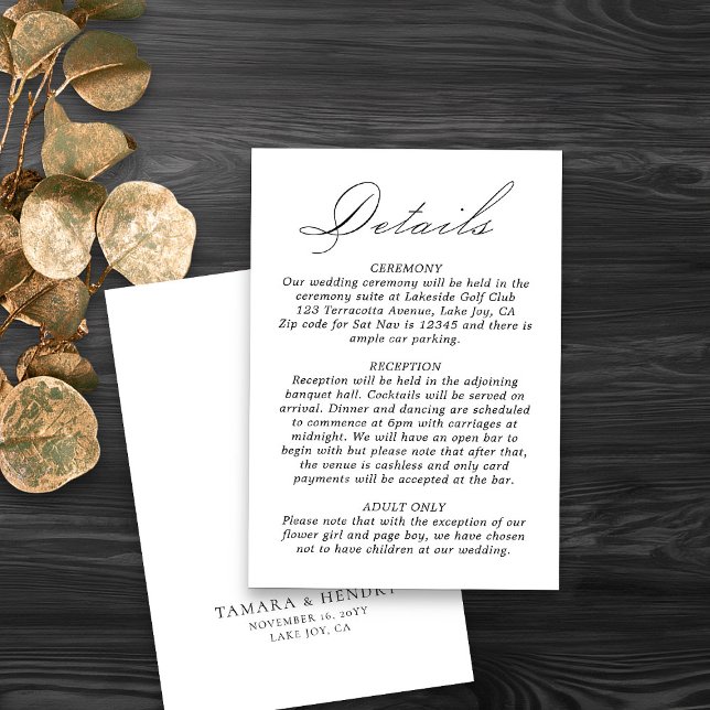 Details Hochzeiten Kalligrafie Script weiß Begleitkarte (Elegant and simple wedding details card in black and white from my Wedding Colors Collection)