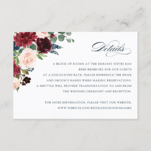 Details-Karte für das florale Burgundy Navy Einladung