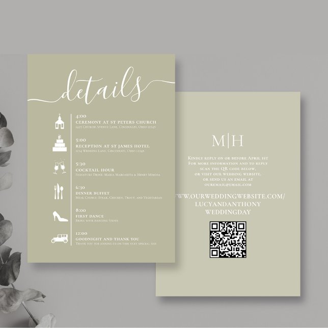 Details QR Code Hochzeitzeitssage Grün Begleitkarte (Sage green wedding details enclosure card with QR Code timeline. )