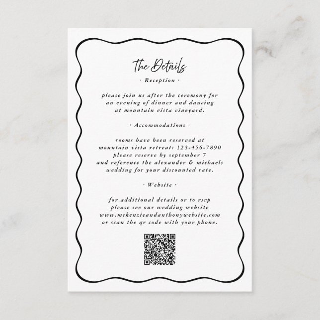 Details Wavy Border QR Code Hochzeiten schwarz Begleitkarte (Vorderseite)