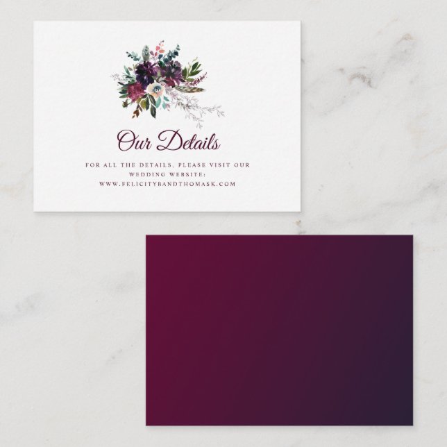 Details zu Boho Burgundy Floral Wedding Begleitkarte (Vorne/Hinten)