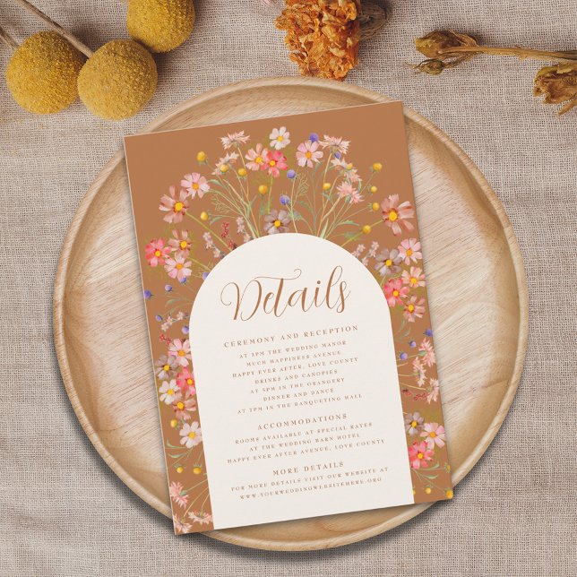 Details zu Boho Fall Floral Hochzeiten Begleitkarte (Elegant boho wildflower arch fall wedding details card watercolor florals modern script)