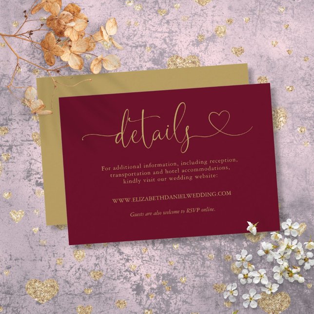 Details zu Burgunder und Gold Heart Script Hochzei Begleitkarte (Burgundy And Gold Heart Script Wedding Details Enclosure Card)