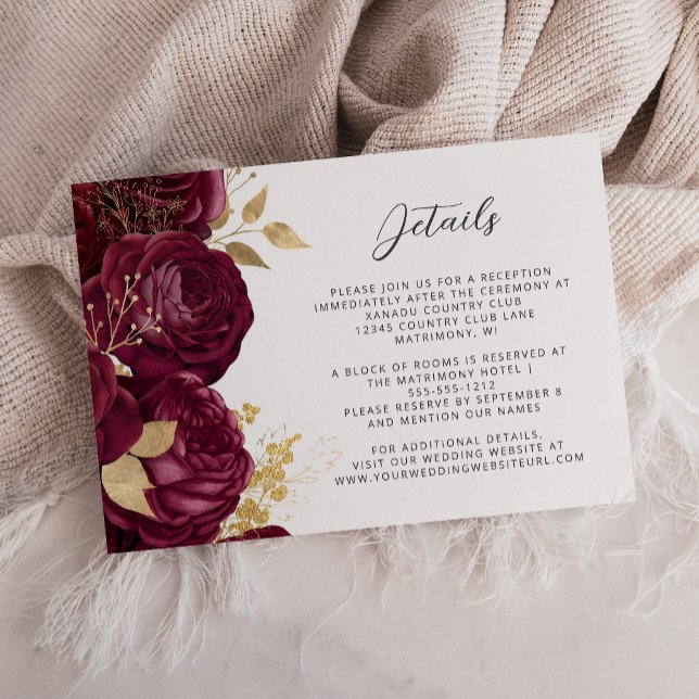 Details zu Burgundy Bloral Gold Script Hochzeiten Begleitkarte (Von Creator hochgeladen)